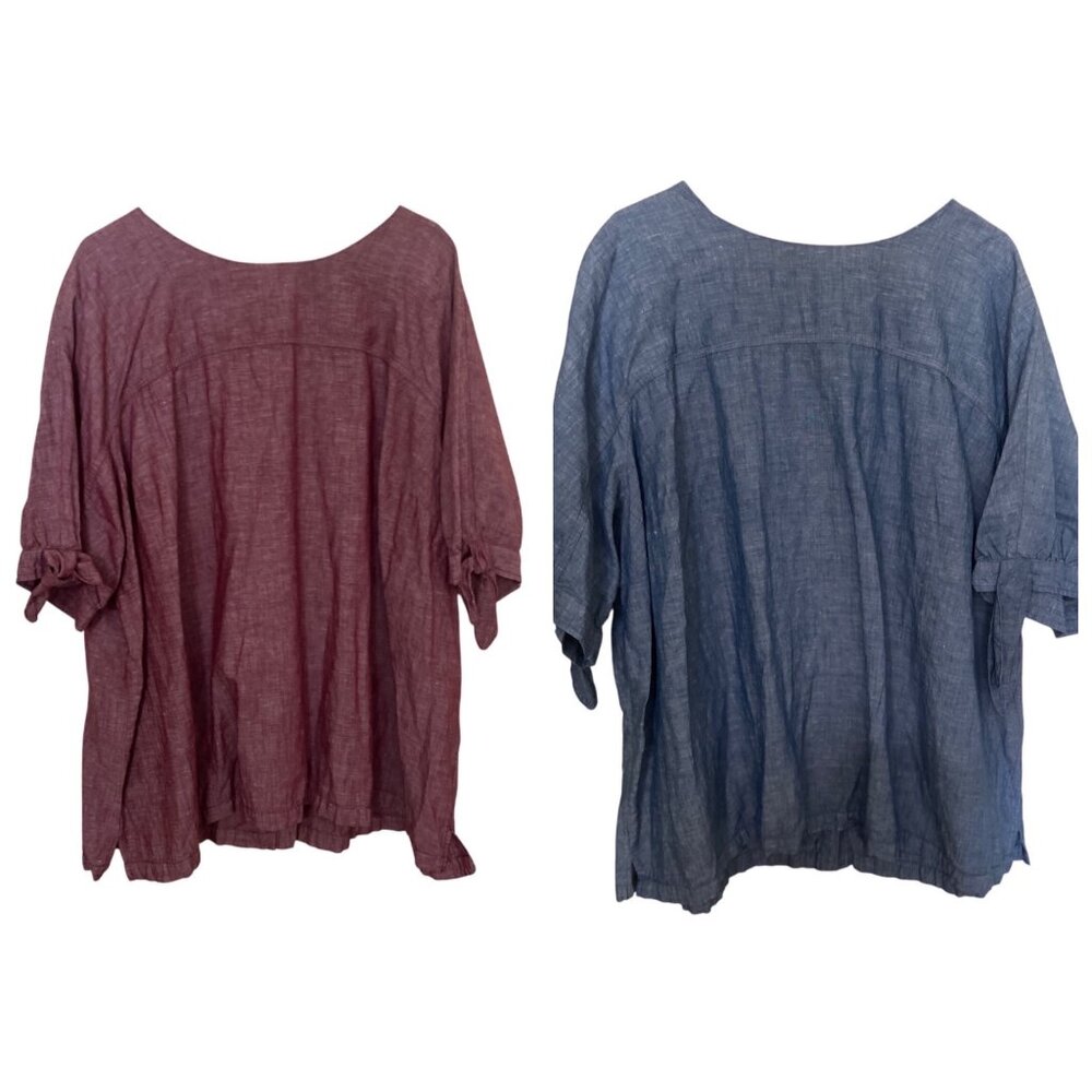 (2) Martha Stewart Linen Blend Blouses  3X Button-Back  Lagenlook Beach Resort